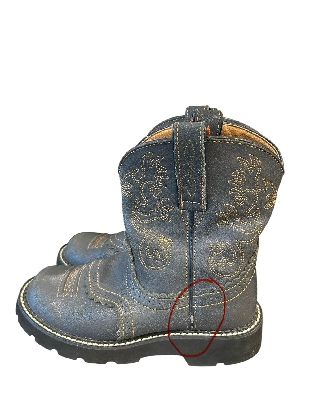 Ariat Fatbaby Boots Rare! Slate Crinkle- Western Tan Stitching Round Toe Sz 6.5B - Picture 15 of 16